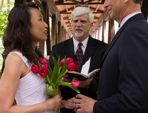 Wedding ceremony on covered bridge